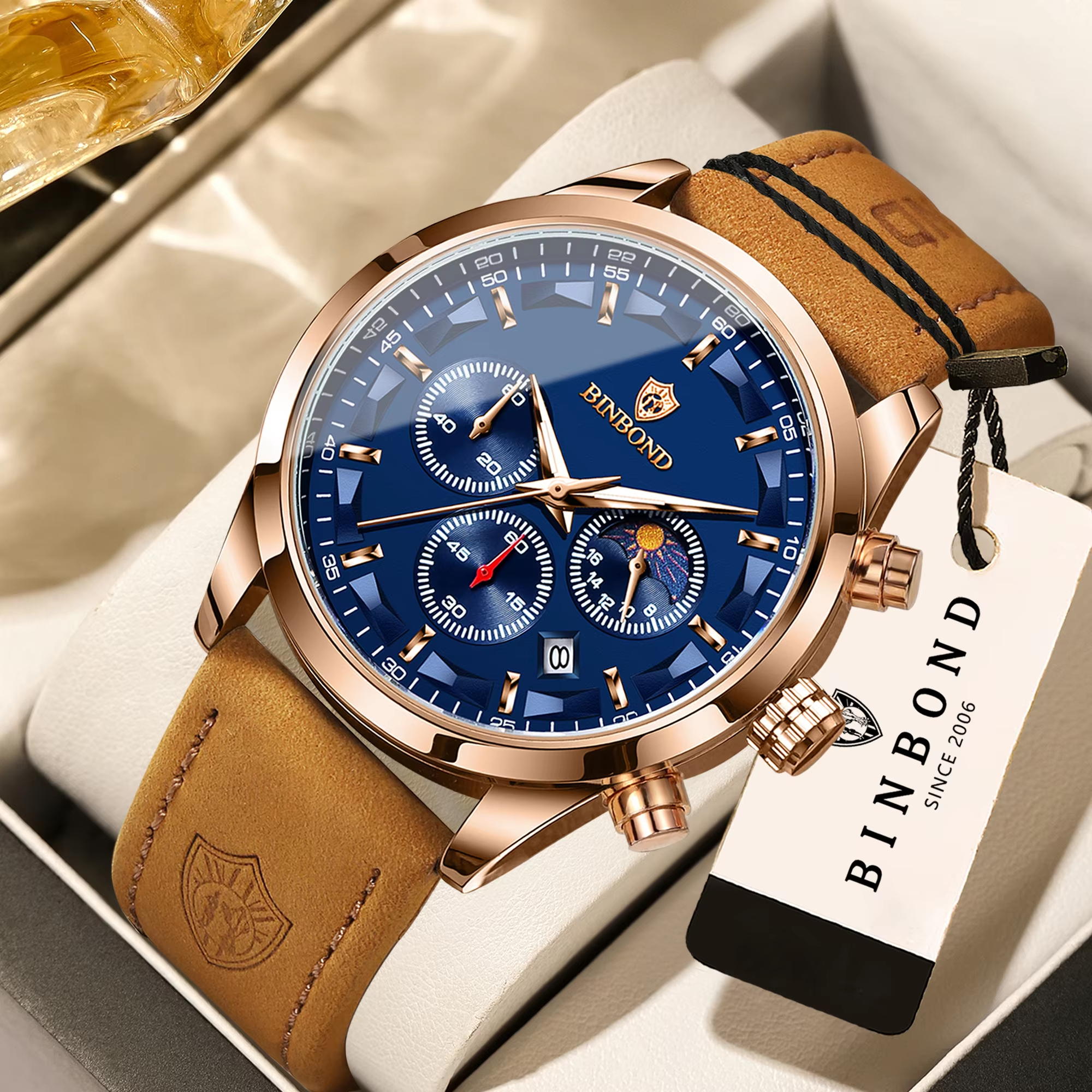 Reloj BINBOND B378 para Hombre — Cuarzo, Correa de Piel, Fecha Automática