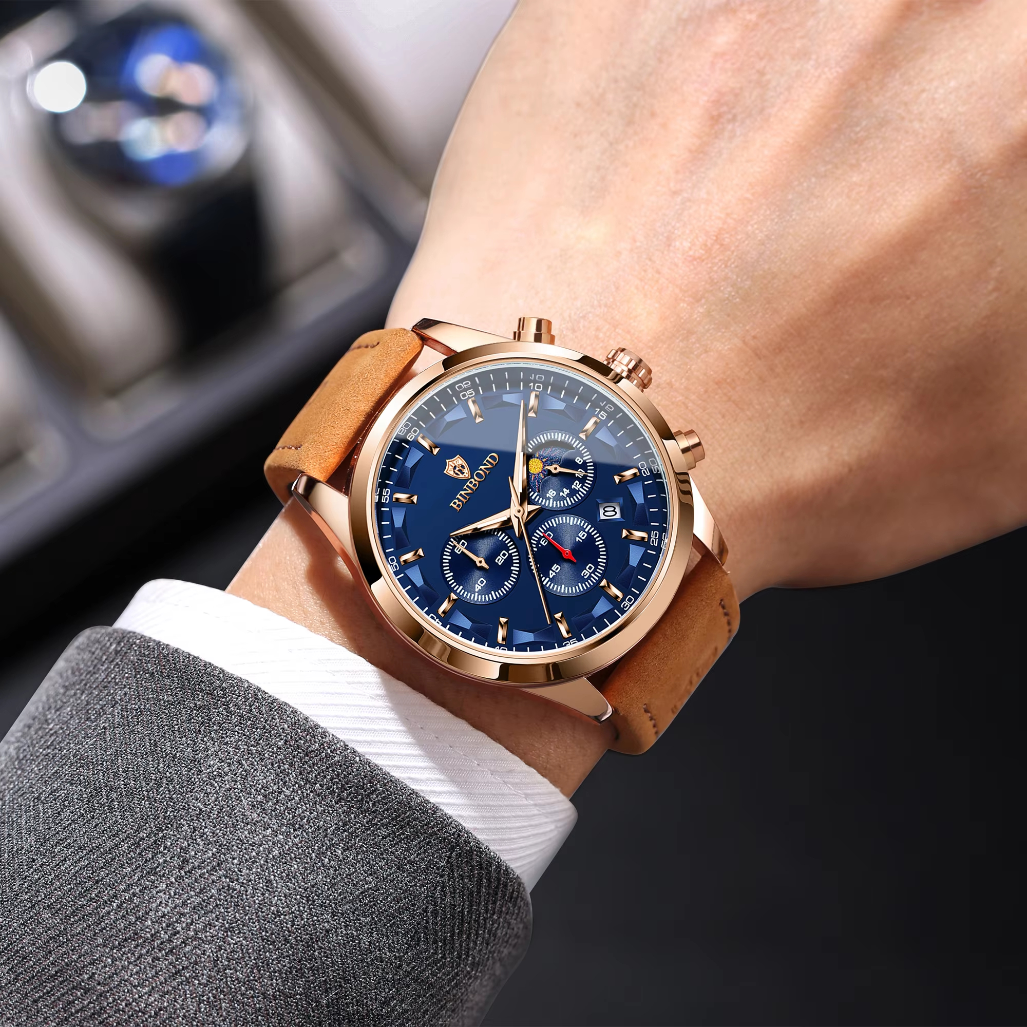 Reloj BINBOND B378 para Hombre — Cuarzo, Correa de Piel, Fecha Automática