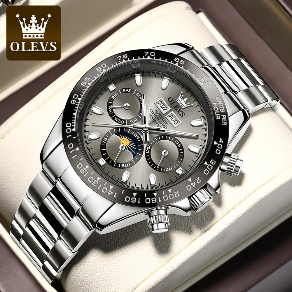 Reloj OLEVS 6654 Automático para Hombre — Acero Inoxidable, Fase Lunar