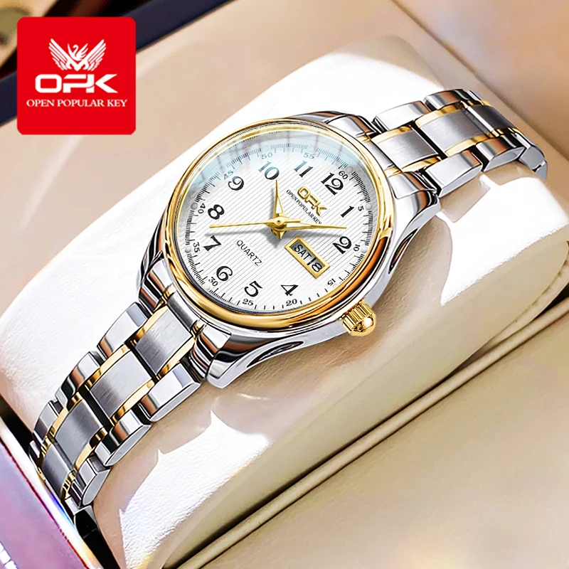 Reloj OPK 8110 para Mujer — Acero Inoxidable, Calendario con Día y Fecha, Cuarzo