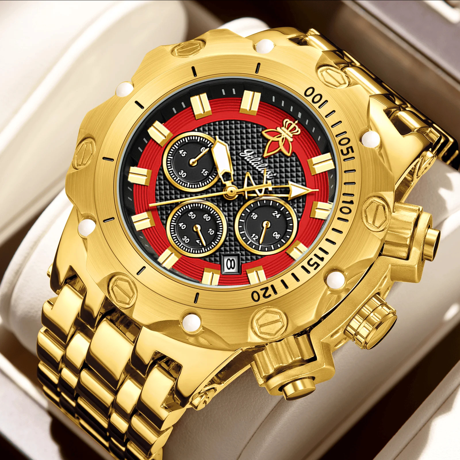 Reloj YaLaLuSi 377 para Hombre — Dorado, Esfera Grande 50 mm, Cuarzo
